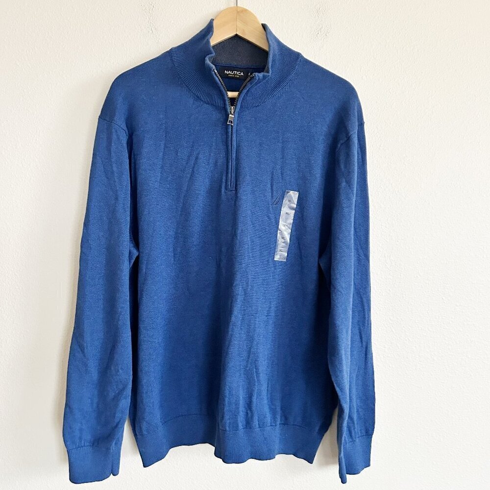 NWT Nautica Sweater Blue 1/4 Zip Cotton Mock Neck Classic Preppy